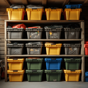 Neatly stacked storage bins in a shed